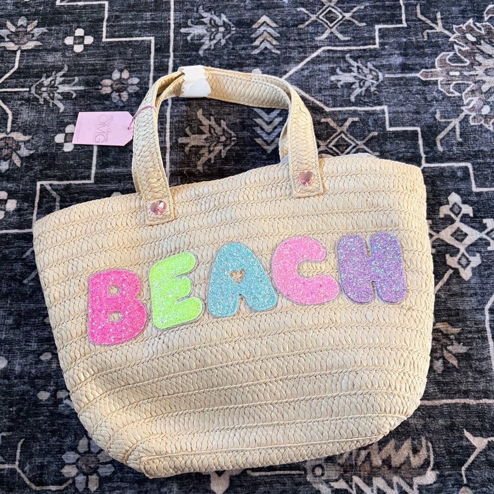 NWT Raffia Beach Tote Bag Glitter Letters
